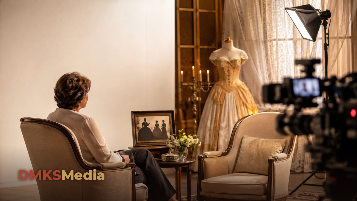 Bastidores de entrevista de epoca sobre o elenco de Escrava Isaura, com vestido do seculo 19 em manequim e foto antiga na mesa