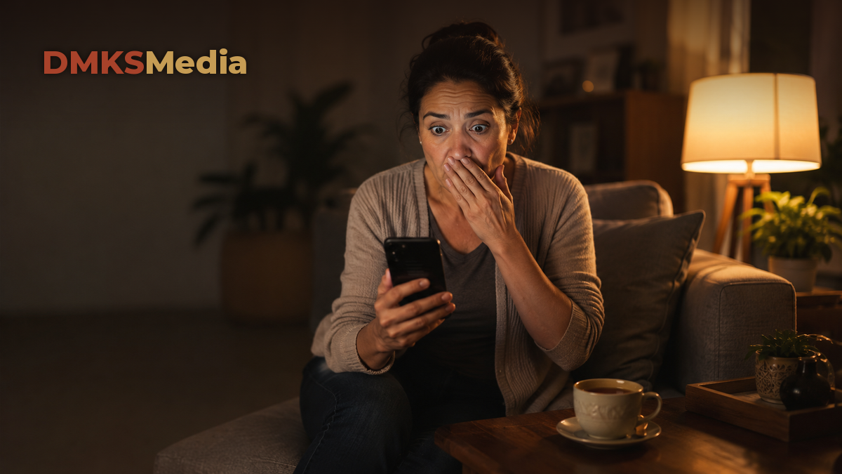 Pessoa com expressão de surpresa segurando celular no sofá à noite, xícara de chá ao lado, ilustrando artigo sobre o final de Vale Tudo explicado
