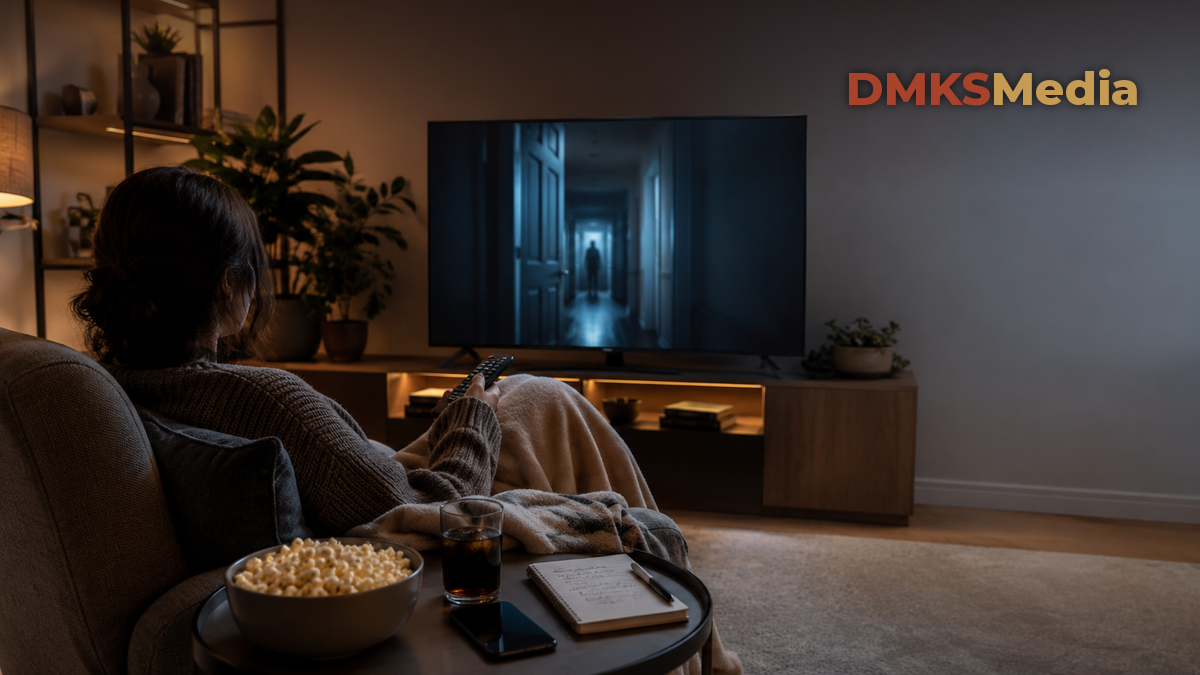 Melhores series de suspense para maratonar: pessoa andando por corredor de casa tocando lombadas de uma estante de livros e DVDs