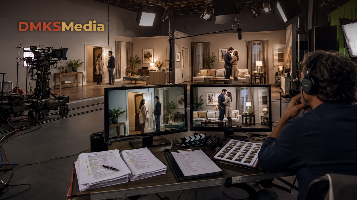 Bastidores de gravacao de novela com dois monitores mostrando duas versoes diferentes da mesma cena, sugerindo finais alternativos gravados