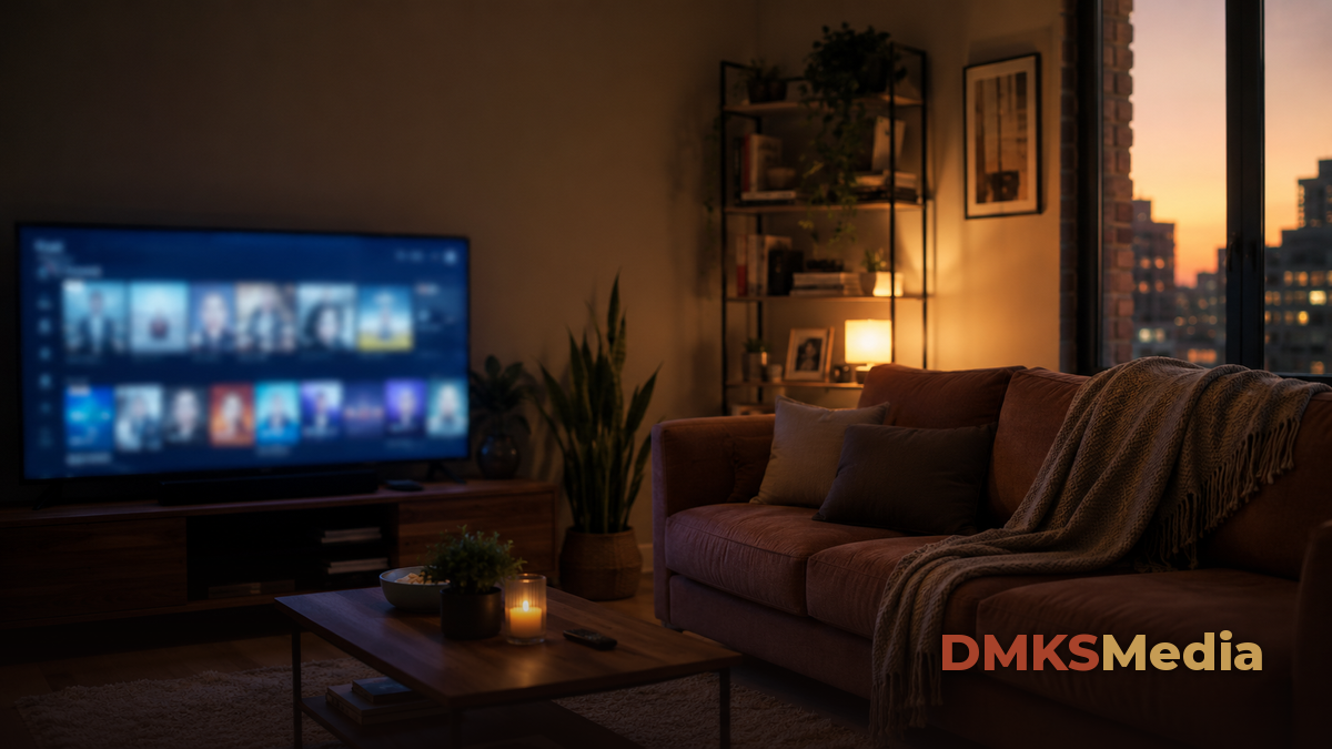 Ambiente de sala com TV e controle remoto, ilustrando onde assistir filmes nacionais online
