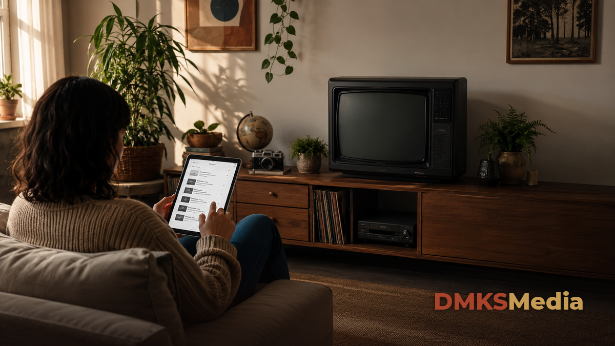TV de tubo antiga desligada usada como decoração vintage ao lado de pessoa segurando tablet, ilustrando artigo sobre onde assistir novelas antigas da Globo