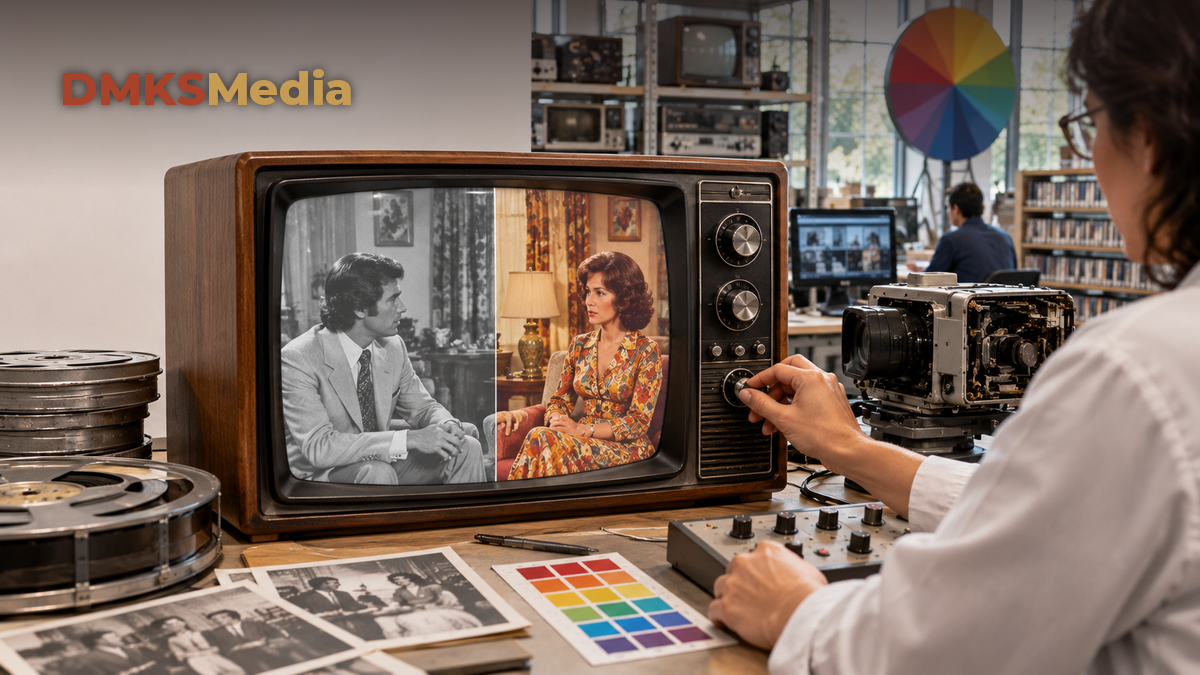 Televisor antigo dos anos 1970 exibindo faixas coloridas na tela, ilustrando a primeira novela colorida da TV brasileira