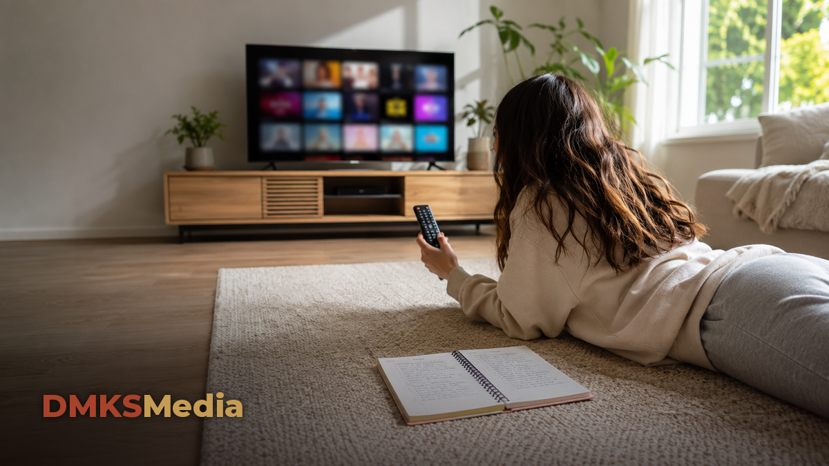 Qual streaming tem mais novelas classicas: pessoa deitada no tapete assistindo TV com grade de catalogo e anotando comparacao em caderno