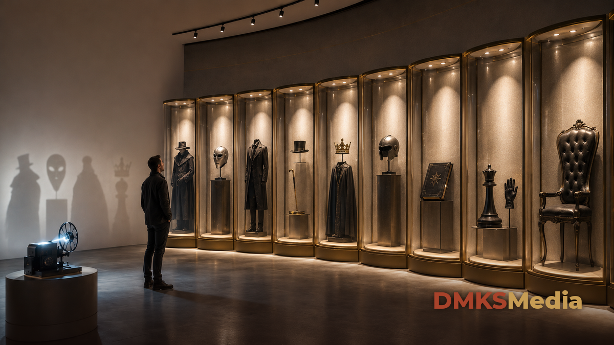 Galeria com adereços de vilões icônicos do cinema em vitrines iluminadas, silhuetas na parede sugerindo mascara, coroa e capa
