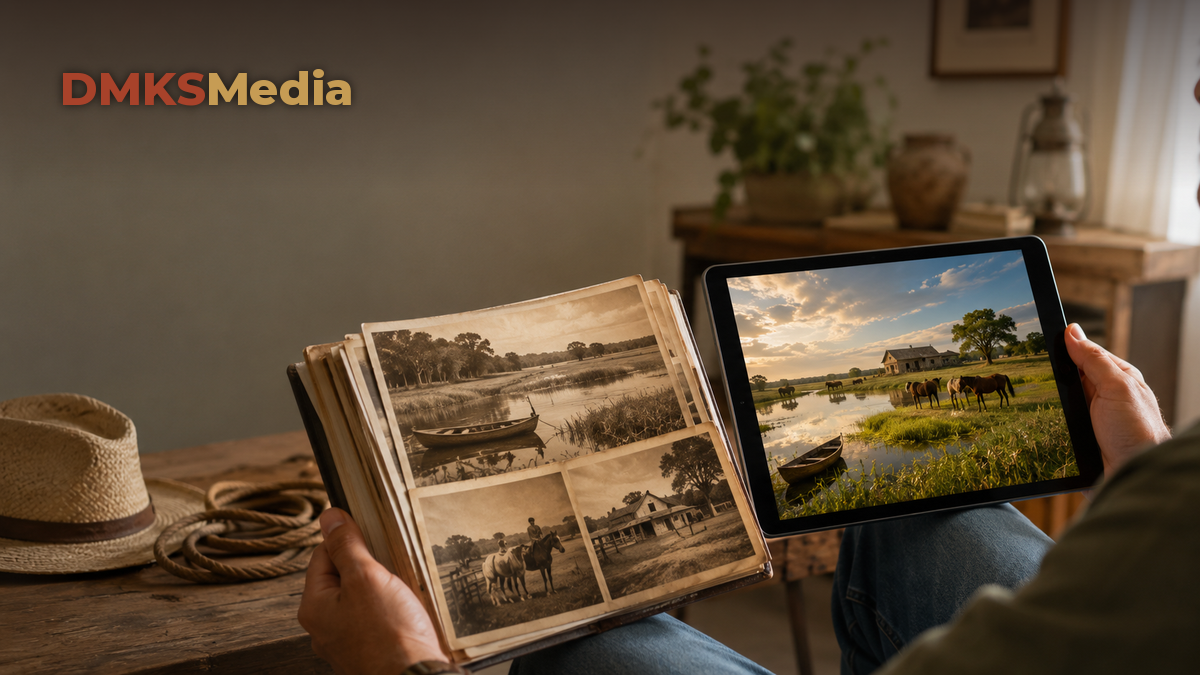 Remake e novela original de Pantanal: pessoa sentada no chao do quarto comparando um album de fotos antigo com um tablet