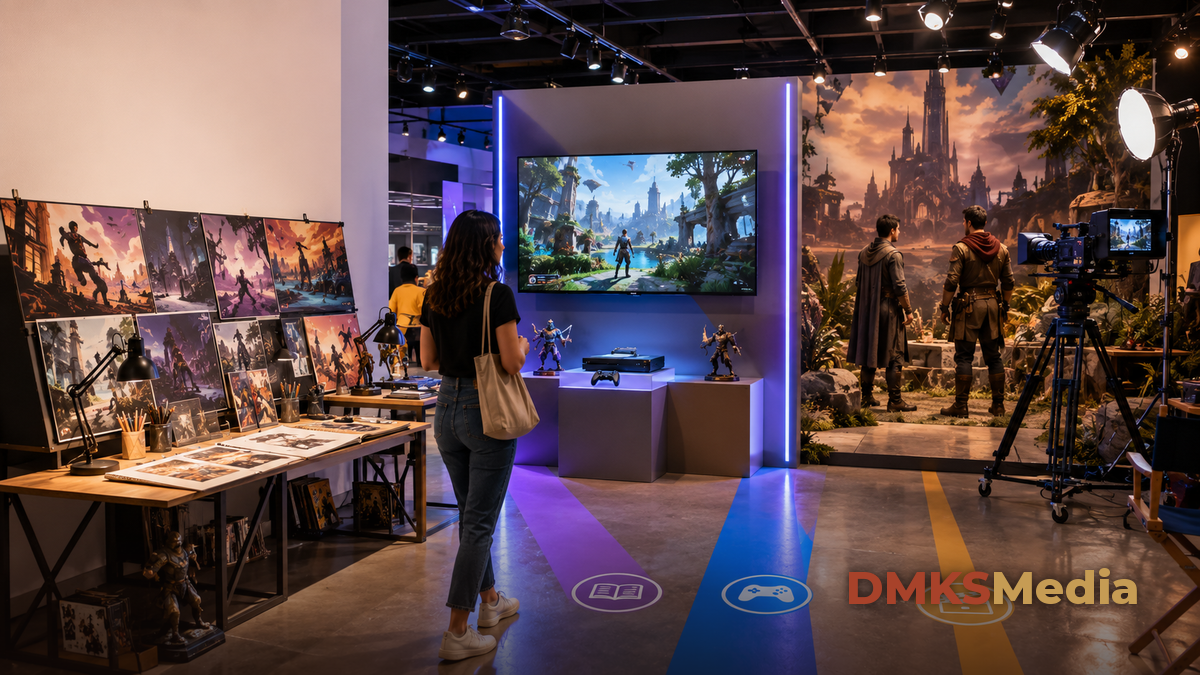 Espaço tipo exposição com TV exibindo um mundo de videogame e arte conceitual, ilustrando séries baseadas em jogos e quadrinhos