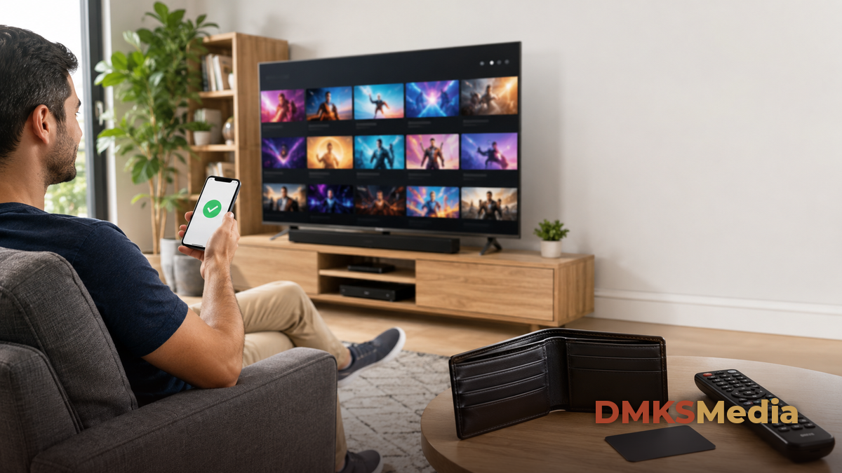 Streaming gratis sem cartao de credito: pessoa no sofa com celular mostrando confirmacao verde em frente a Smart TV, carteira fechada na mesa